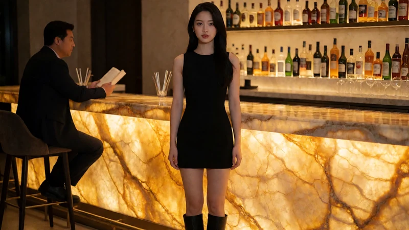红杏视频酒吧老板娘题材图：虚构成年女子穿黑色无袖短裙和长靴站在打烊酒吧吧台