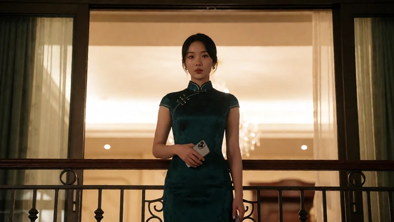 红杏视频旗袍人物题材图：虚构成年女子穿墨绿旗袍站在宴会露台看手机