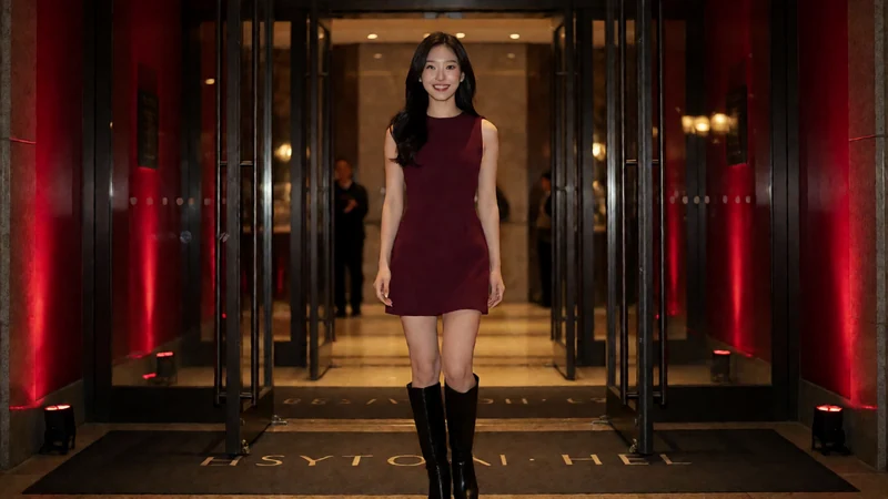 红杏视频首页主题图：虚构成年女子穿酒红色无袖短裙和黑色长靴站在夜间门廊中央