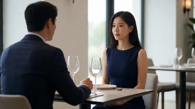 红杏视频少妇重逢题材图：虚构成年女子穿深蓝连衣裙坐在餐厅与成年旧友交谈