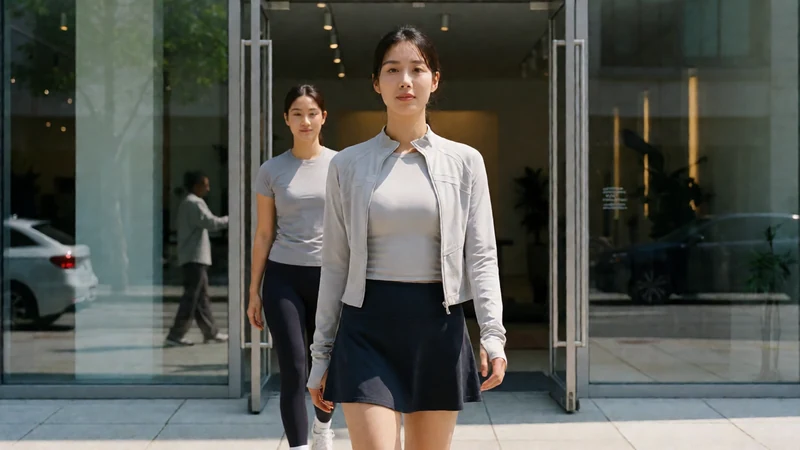 红杏视频瑜伽教练题材图：虚构成年女子穿浅灰短外套和运动短裙走出瑜伽工作室